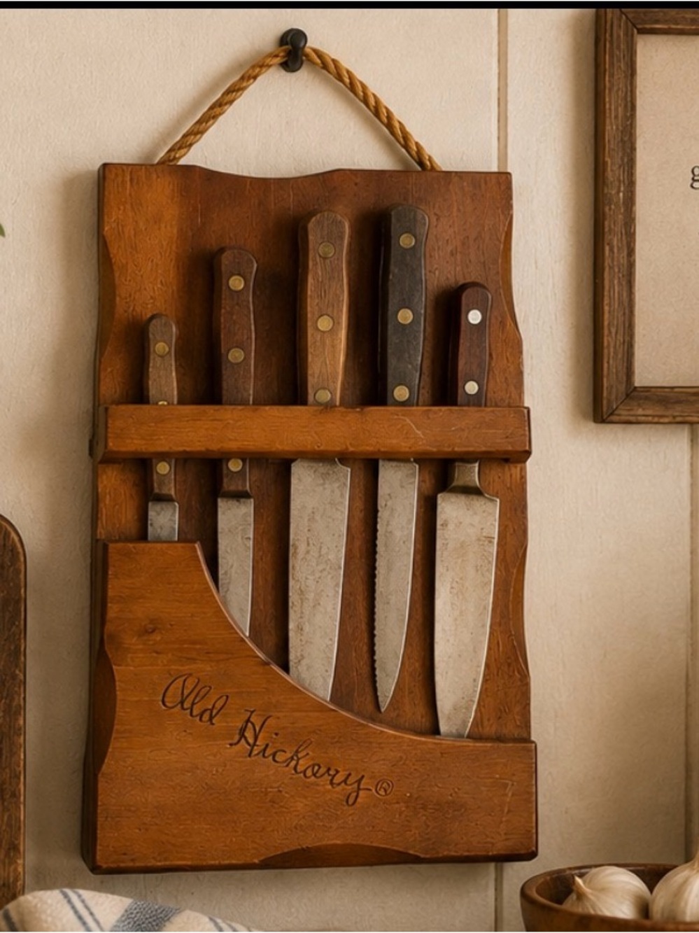 Vintage Old Hickory Wood Wall Mount Knife Holder Rack Rustic Farmhouse